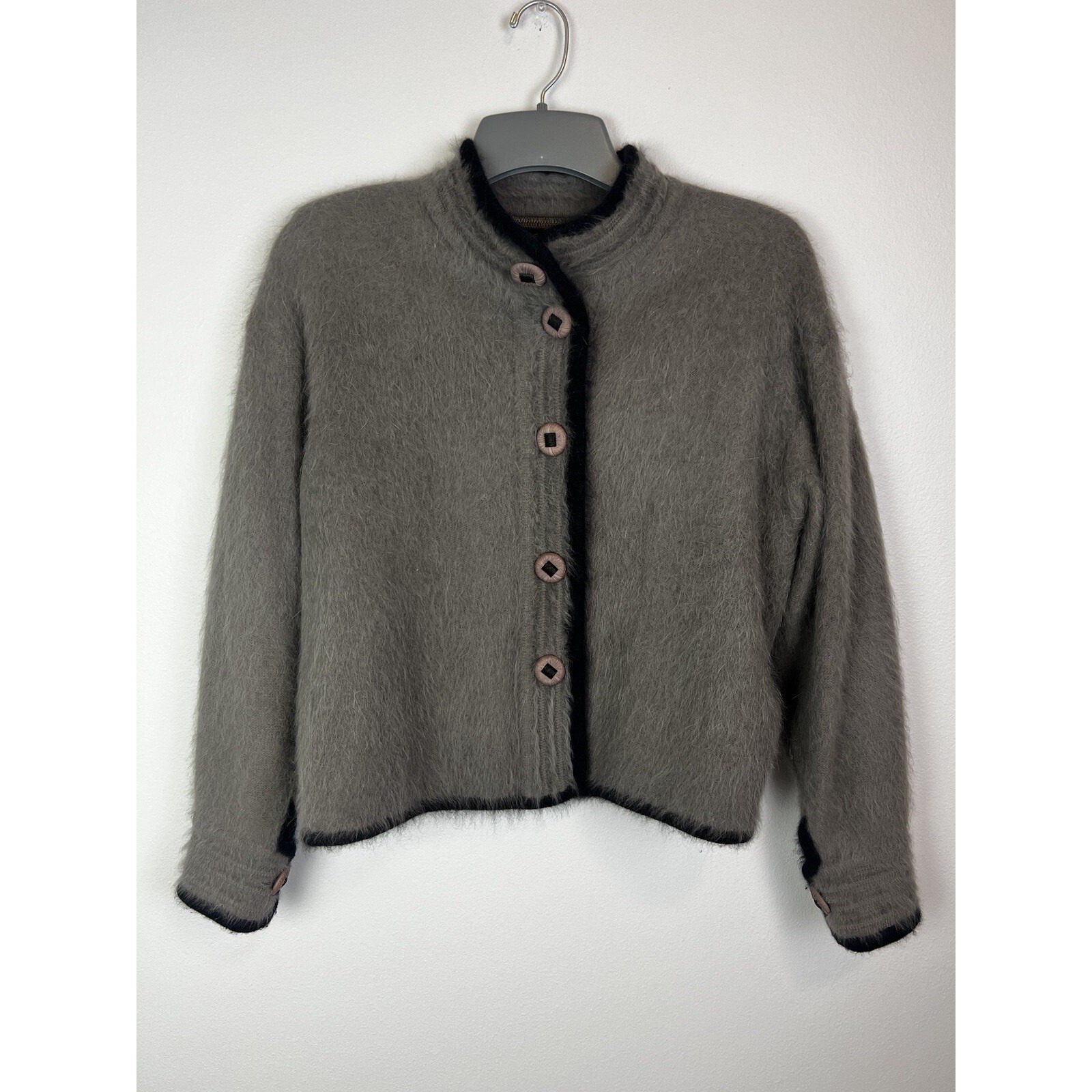 Vtg Venesha High Quality Angora Sweater Cardigan Gray Black Trim Large